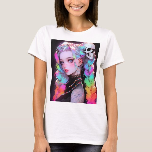T-shirt Cute Punk Rock Skull Goth Rainbow Braid Anime Girl (Devant)