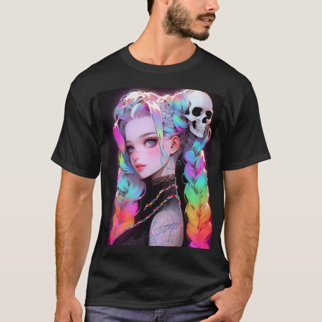 T-shirt Cute Punk Rock Skull Goth Rainbow Braid Anime Girl (Devant)