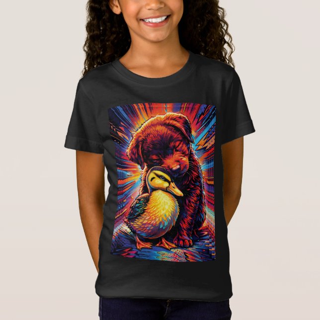 T-Shirt Cute Puppy and Duckling Hug Pop Art  (Devant)