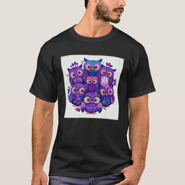 T-shirt Cute Purple Owls Illustration Minimal Unique Big E (Devant)