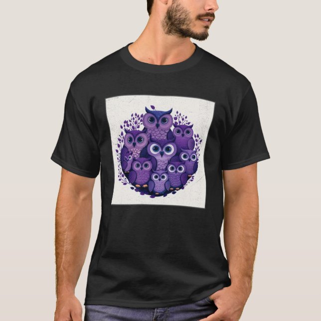T-shirt Cute Purple Owls Illustration Minimal Unique Big E (Devant)