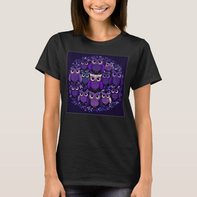 T-shirt Cute Purple Owls Illustration Minimal Unique Big E (Devant)