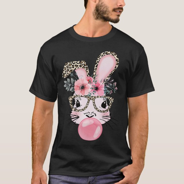 T-shirt Cute Rabbit Bubble Gum Easter Day Bunny Leopard Gl (Devant)