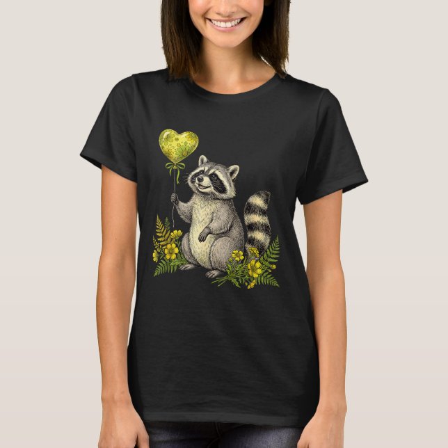T-shirt Cute Raccoon Balloon Heart Flowers Sweet Raccoon L (Devant)