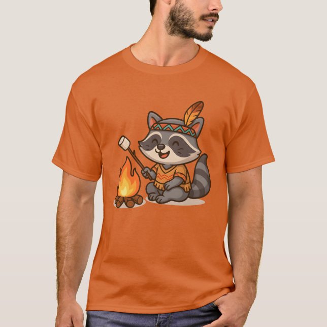 T-shirt Cute Raccoon Camping and Roasting Marshmallow retr (Devant)