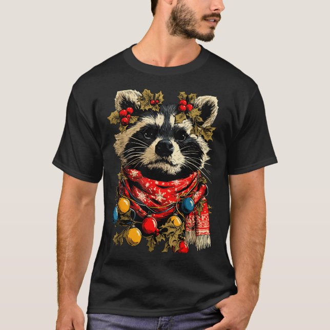 T-shirt Cute Raccoon F Christmas Lights Festive Forest Ani (Devant)