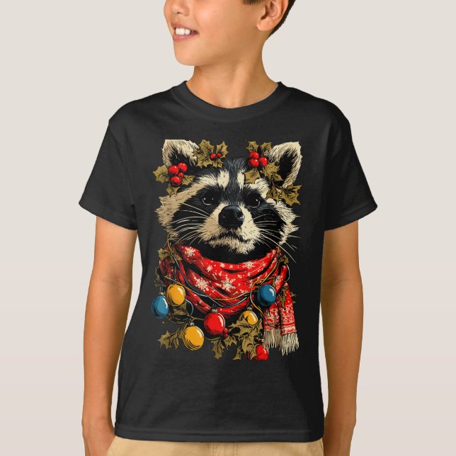 T-shirt Cute Raccoon F Christmas Lights Festive Forest Ani (Devant)