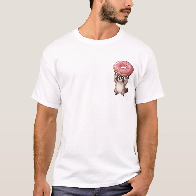 T-shirt Cute Raccoon Lifting Giant Pink Glazed Donut (Devant)