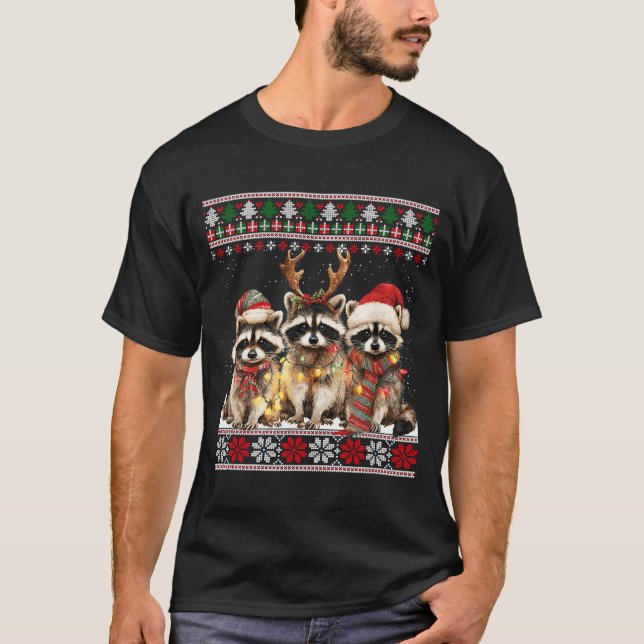 T-shirt Cute Raccoon Santa Christmas Lights Ugly Xmas Swea (Devant)