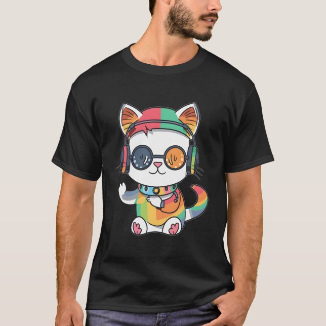 T-shirt Cute Rainbow Cat Dj Techno Festival Raver (Devant)