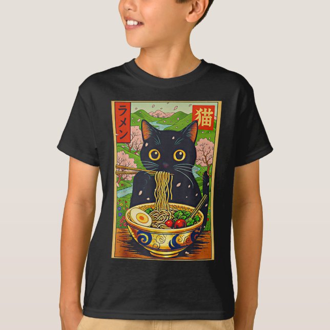 T-shirt Cute Ramen Cat Nature Flowers Noodle Anime  (Devant)