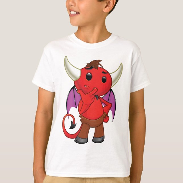 T-shirt Cute Red Devil Character Thinking Mischievous (Devant)