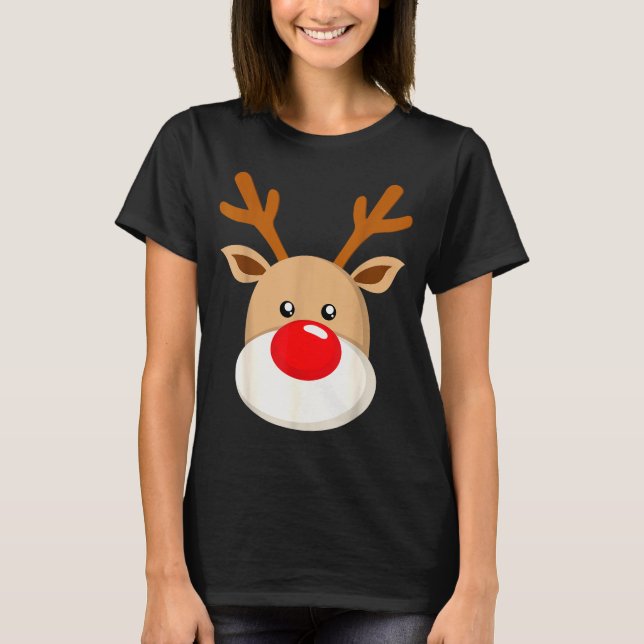 T-shirt Cute Reindeer Rudolph Red Nose Christmas Antlers  (Devant)