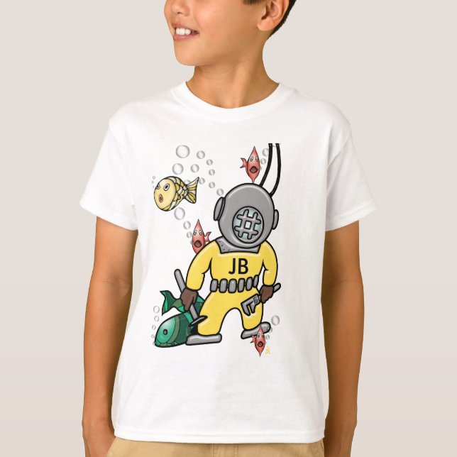 T-shirt Cute Retro Deep Sea Diver and Fish - Monogramme (Devant)
