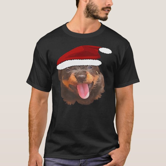 T-shirt Cute Rottweiler Pup Porte Vacances Santa Hat (Devant)