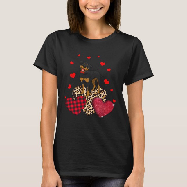 T-shirt Cute Rottweiler With Leopard Red Plaid Heart  Idea (Devant)