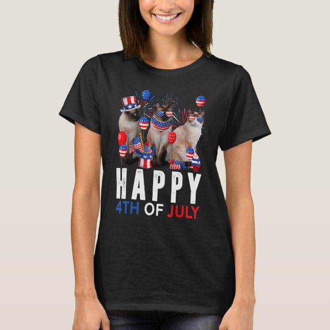 T-shirt Cute Rouge Blanc Bleu Siamais Chat Patriotique Joy (Devant)