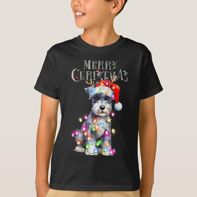 T-shirt Cute Schnauzer Christmas Lights Xmas Dog Santa Hat (Devant)