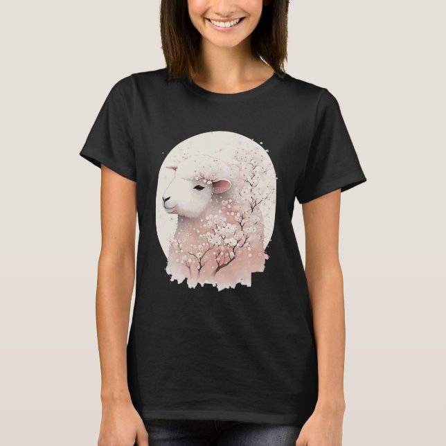 T-shirt Cute Sheep Japanese Cherry Blossom Sakura Farm Ani (Devant)