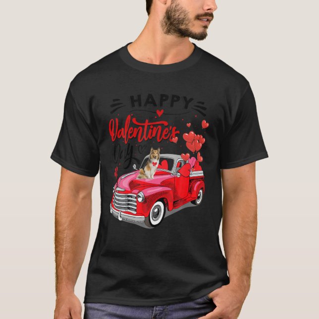 T-shirt Cute Sheltie Chien Red Truck Joyeux Saint Valentin (Devant)