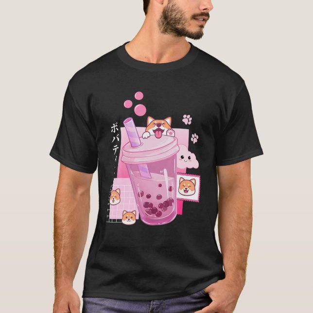 T-shirt Cute Shiba Inu Chien Boire Lait Thé Boba Anime Jap (Devant)