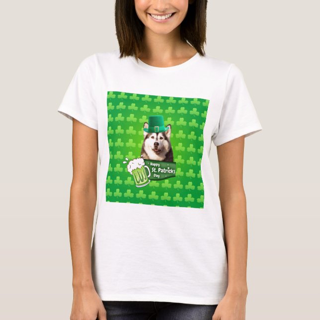 T-shirt Cute Siberian Husky Chien Casquette St. Patrick's  (Devant)