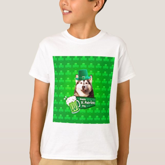 T-shirt Cute Siberian Husky Chien Casquette St. Patrick's  (Devant)