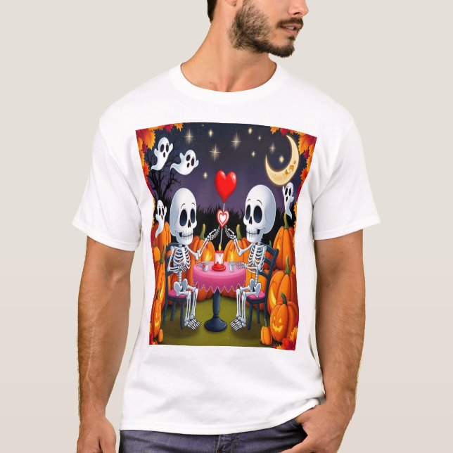 T-shirt Cute Skeleton Couple Halloween Valentine (Devant)