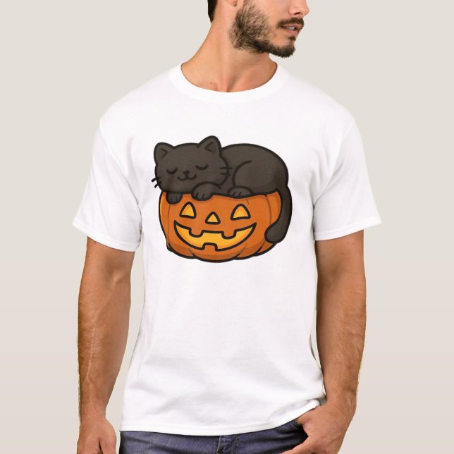 T-shirt Cute Sleepy Black Cat on a Pumpkin Halloween Essen (Devant)
