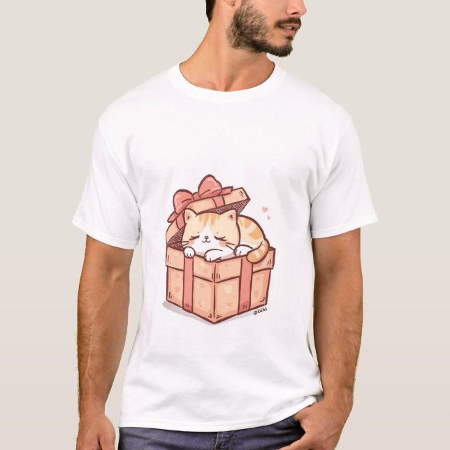 T-shirt Cute Sleepy Kawaii Cat in Gift Box  - Cozy Surpris (Devant)