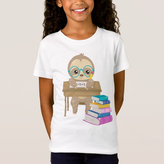 T-Shirt Cute Sloth School Desk Math Écriture Lecture Livre (Devant)