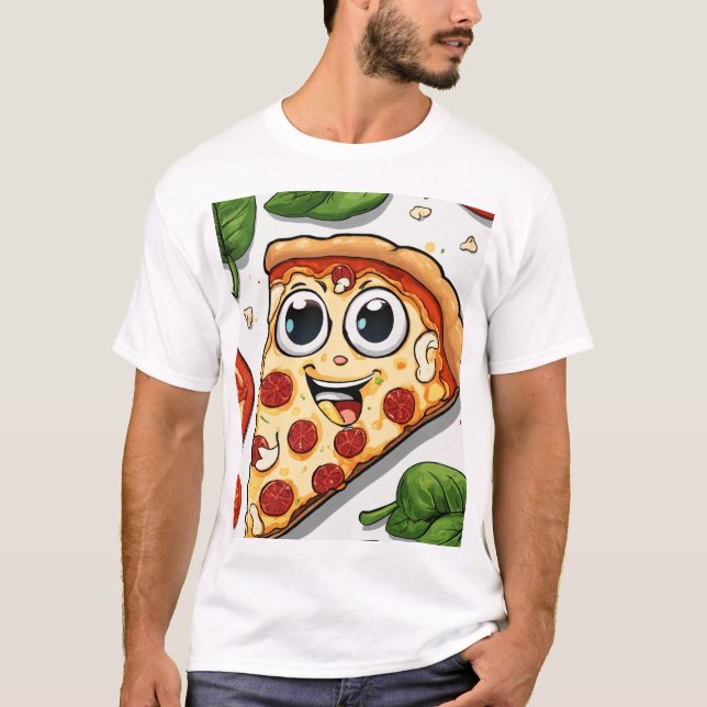 T-shirt Cute Smiling Cartoon Pizza Slice with Happy Face - (Devant)
