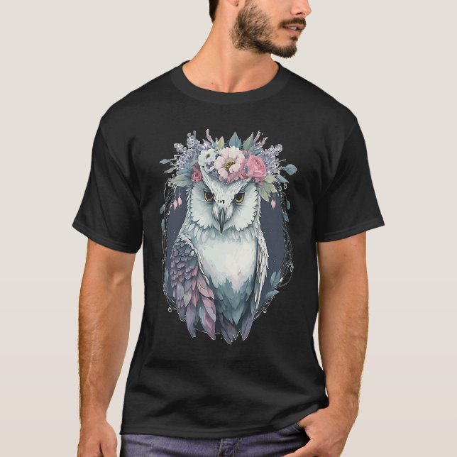 T-shirt Cute Snow Owl Bird Flower Crown Floral Birds (Devant)