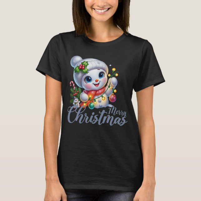 T-shirt Cute Snowgirl Merry Christmas Lights Tee (Devant)