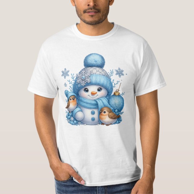T-shirt Cute Snowman and Winter Birds Christmas (Devant)