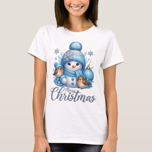 T-shirt Cute Snowman and Winter Birds Christmas (Devant)