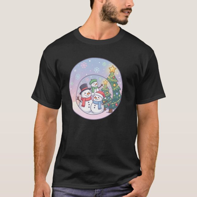 T-shirt Cute Snowman Family Christmas Scene (Devant)