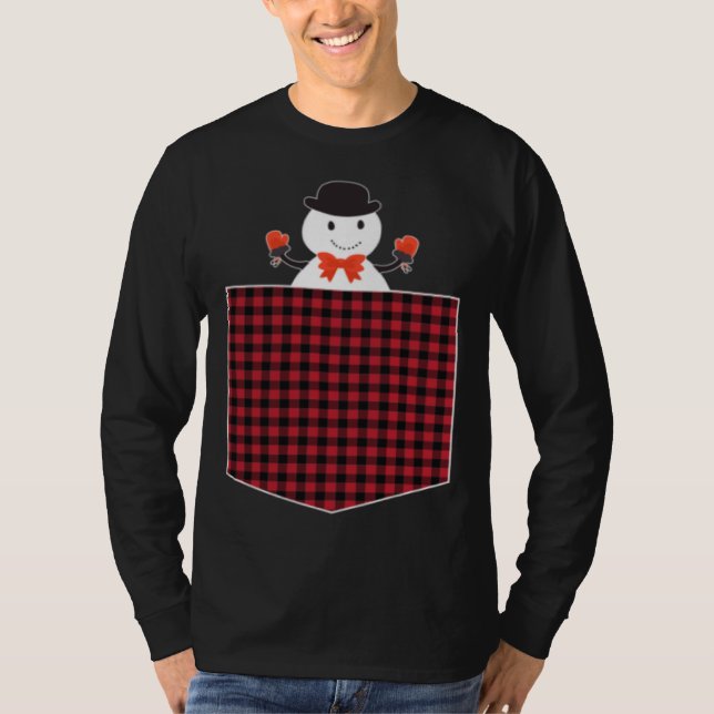 T-shirt Cute Snowman Inside Buffalo Plaid Pocket Holiday C (Devant)