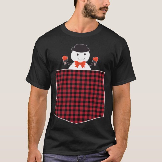 T-shirt Cute Snowman Inside Buffalo Plaid Pocket Holiday C (Devant)