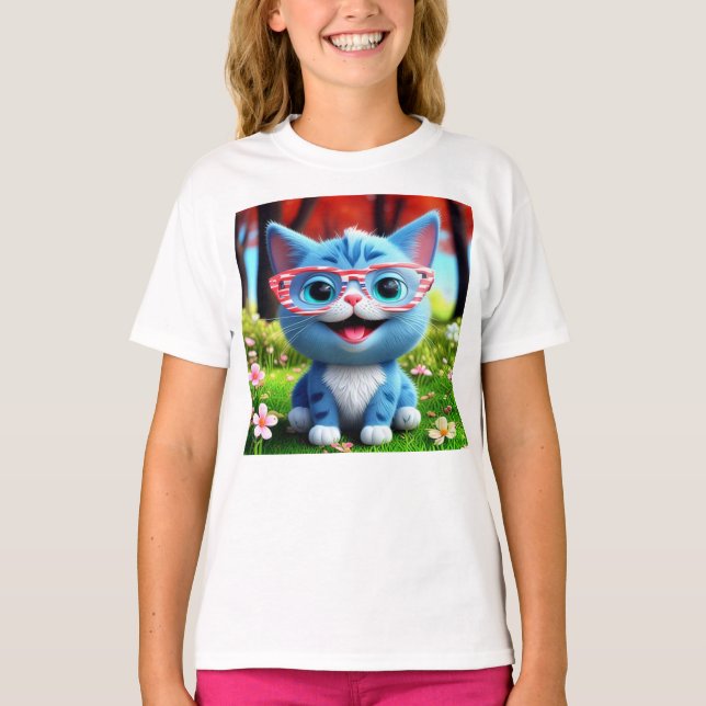 T-shirt Cute souriant bleu Kitten-55665 (Devant)