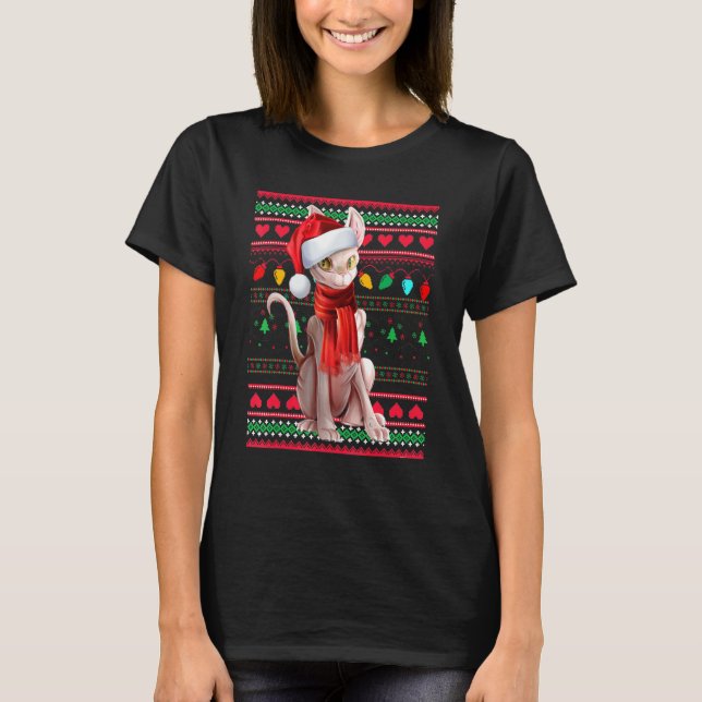 T-shirt Cute Sphynx Cat Wearing Santa Hat Celebrate Christ (Devant)