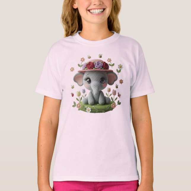 T-shirt Cute Spring Elephant Crochet Style  (Devant)