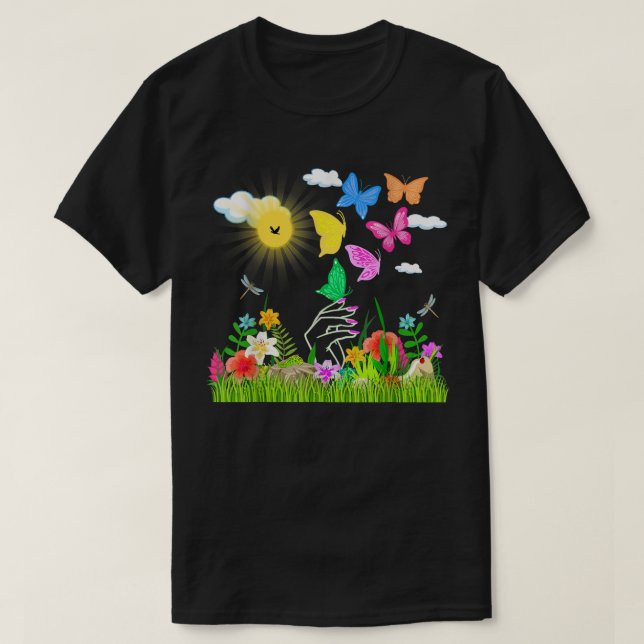 T-shirt Cute Springtime papillon fleurs nature jardinage (Design devant)