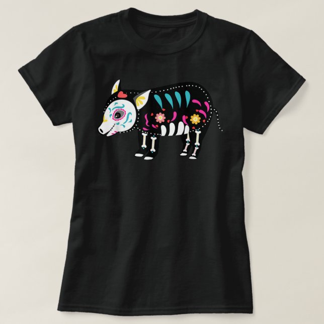 T-shirt Cute Sugar Skull Mexican Pig Halloween Day Of The  (Design devant)
