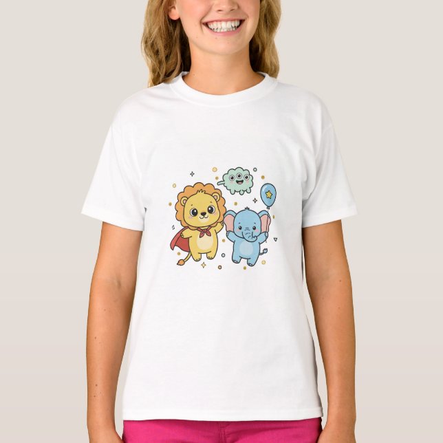 T-shirt Cute Superhero Lion and Elephant Friends Cartoon (Devant)