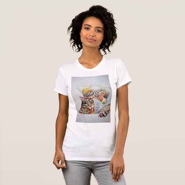 T-shirt Cute Tabby Chat Aquarelle Chats Filles T Chemise T (Devant entier)