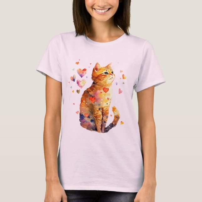 T-shirt Cute Tabby Chat avec Coeurs (Devant)