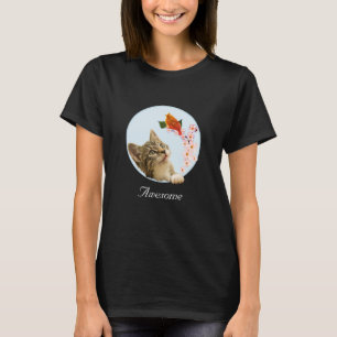 T-shirt Cute Tabby Chat, Fleurs et Red Little Bird T-Shi