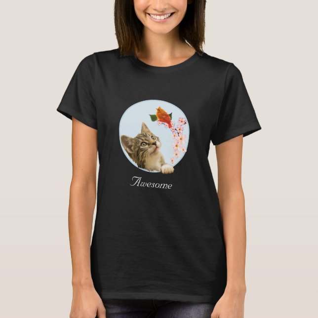 T-shirt Cute Tabby Chat, Fleurs et Red Little Bird T-Shi (Devant)