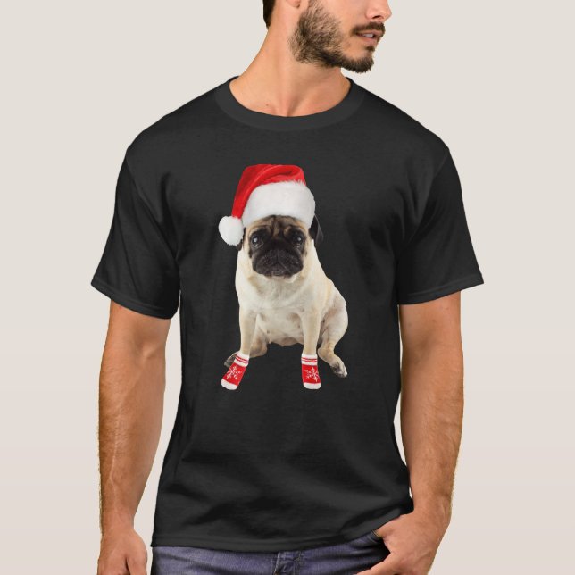 T-shirt Cute Tan Pug Puppy Santa Hat Socks Image Christmas (Devant)